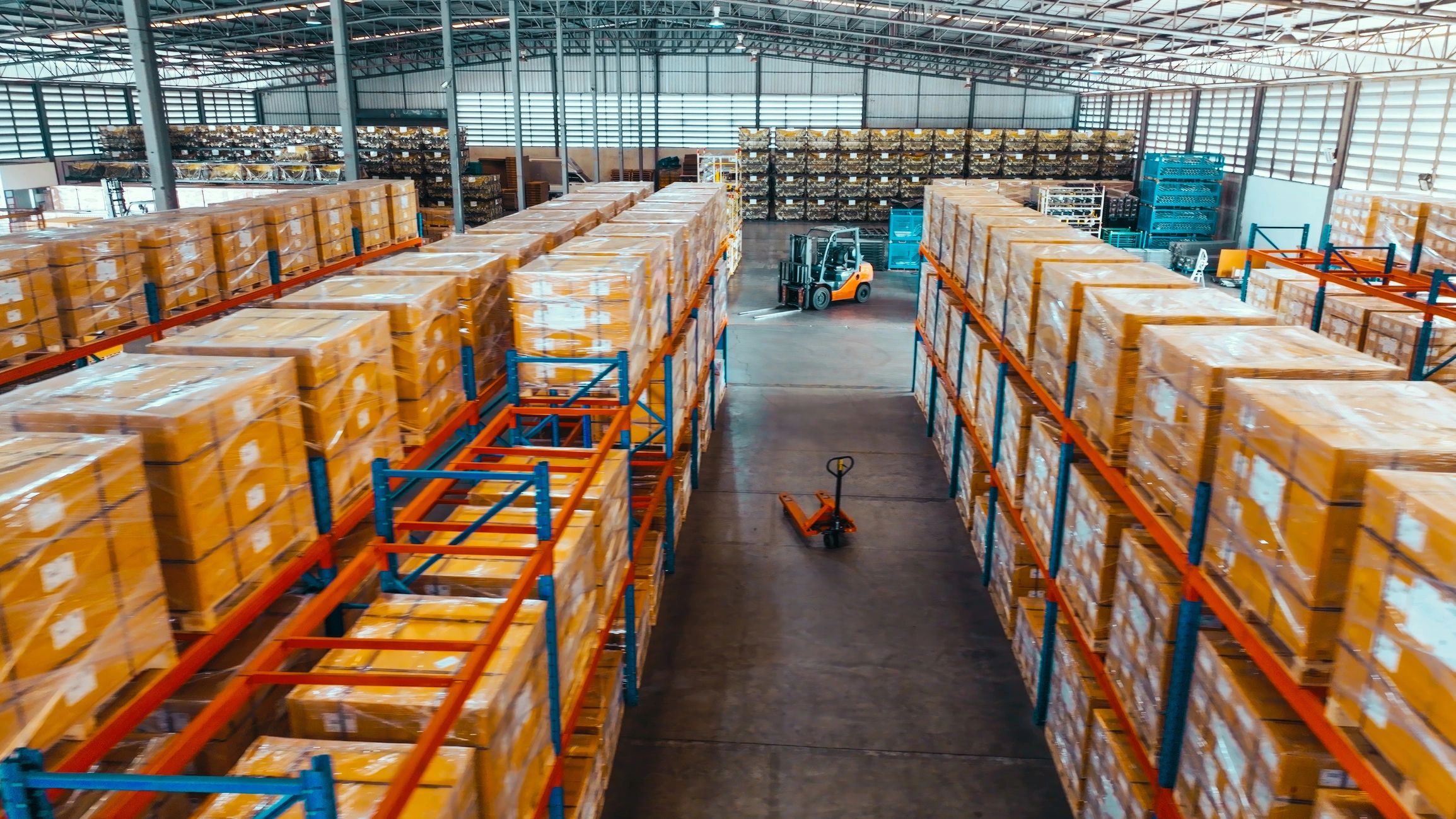 Warehouse storage racks with packaged goods